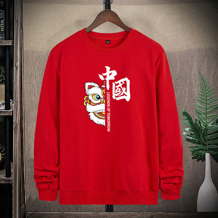 Herr College-Tröja med Traditional Lion Dance Motif och Round Neckline