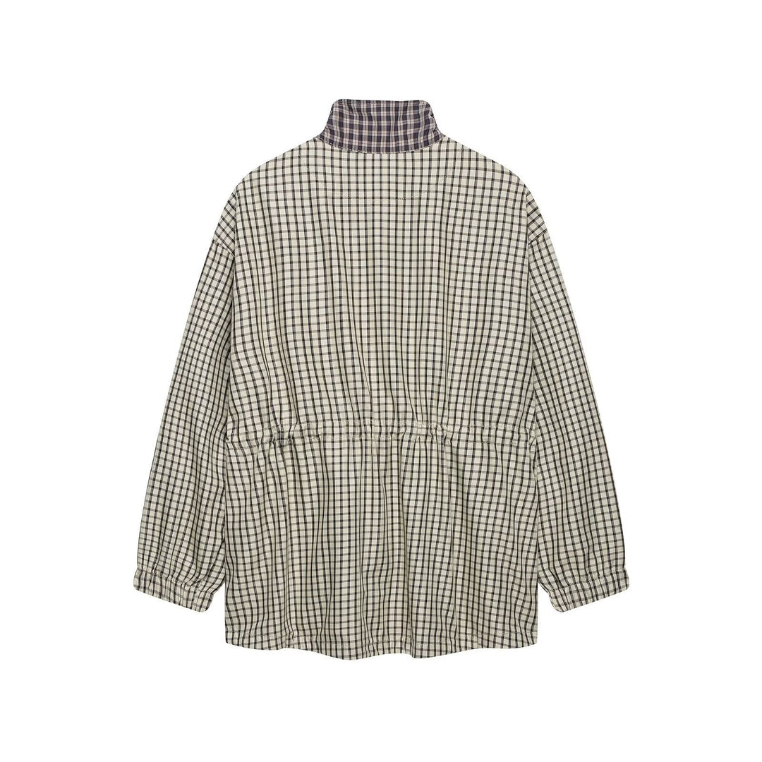 Dam Checked Oversize Parka med Drawstring, Stå Krage och Lock Fickor