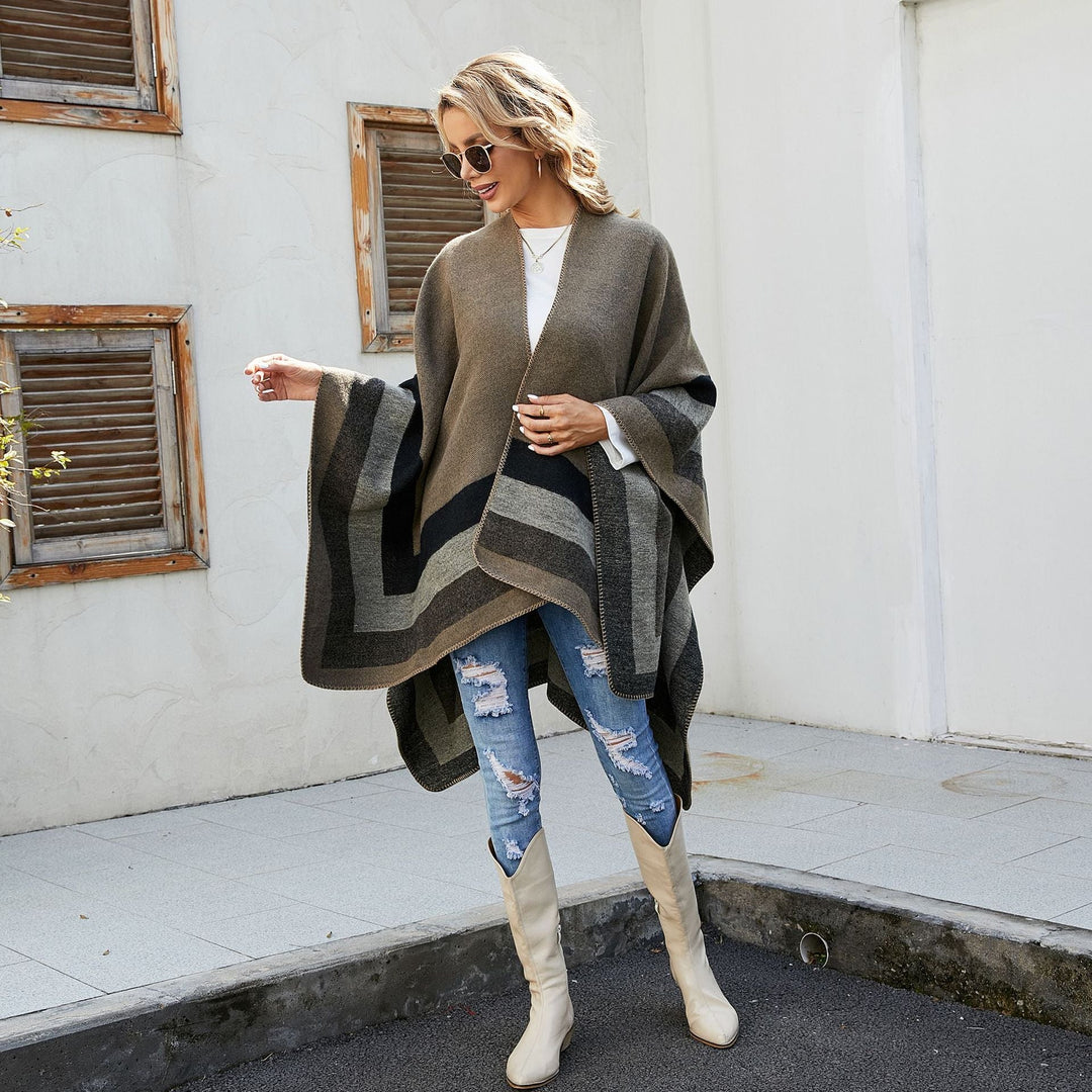Dam ull-look poncho med asymmetrical block stripes och decorative stitch edge