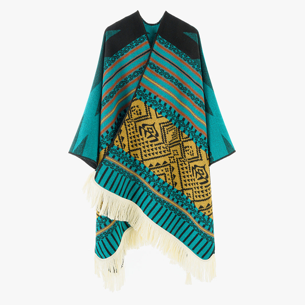 Dam Woven Jacquard poncho med V-Neck, Ethno tryck och Fringes