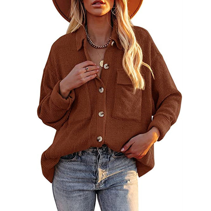 Dam oversized Fine stickad Shirt jacka med knäppning och Brusttaschen