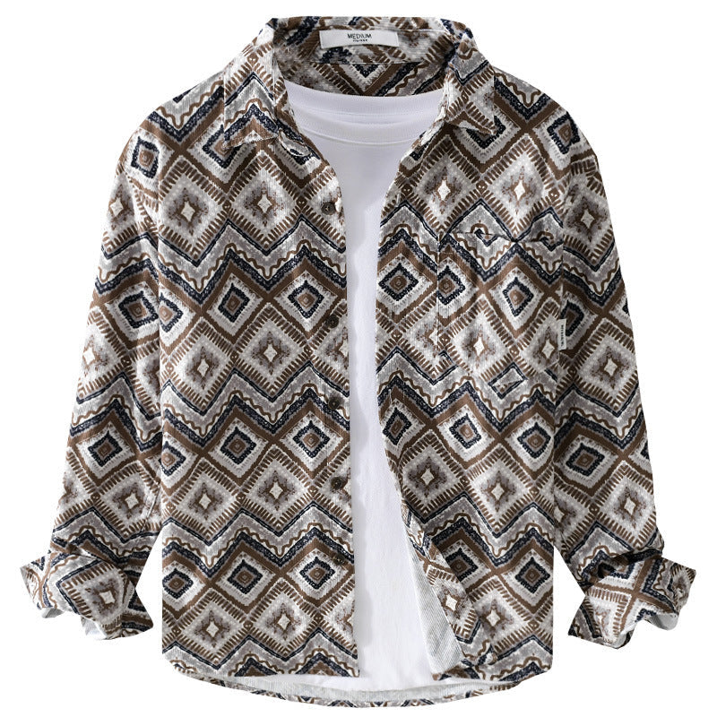 Herr Patterned Overshirt i Avslappnad Passform med Geometrisk Diamant Tryck och Bröstficka