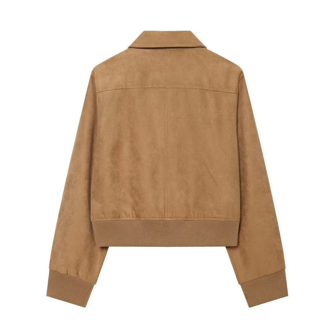 Dam Kort Suede Läder Blouson i Boxig Skärning med Skjort Krage, Lock Fickor och Wide Ribbed Cuff
