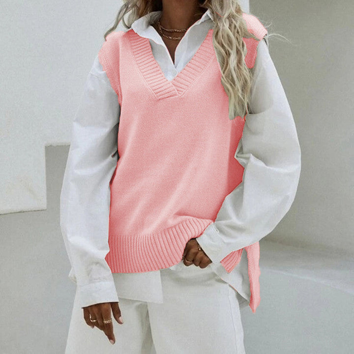Dam Sleeveless stickad väst med V-Neck och Side Slits