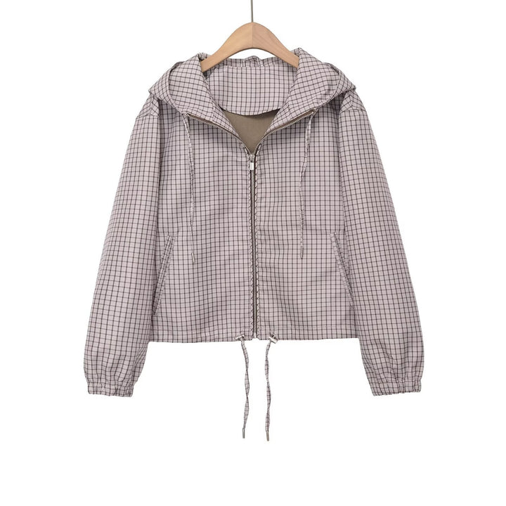 Dam Kort Skärning med Huva Jacka med Check Quiltad Mönster, Dragkedja och Drawstring