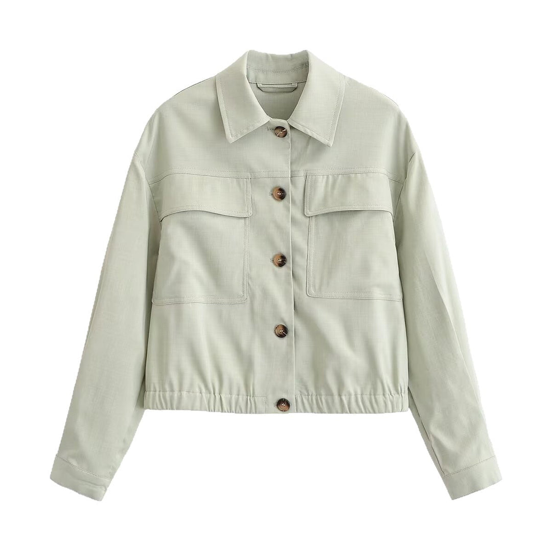 Dam Kort Boxig Worker Jacka med Skjort Krage, Patch Breast Fickor och Elastic Nederkant