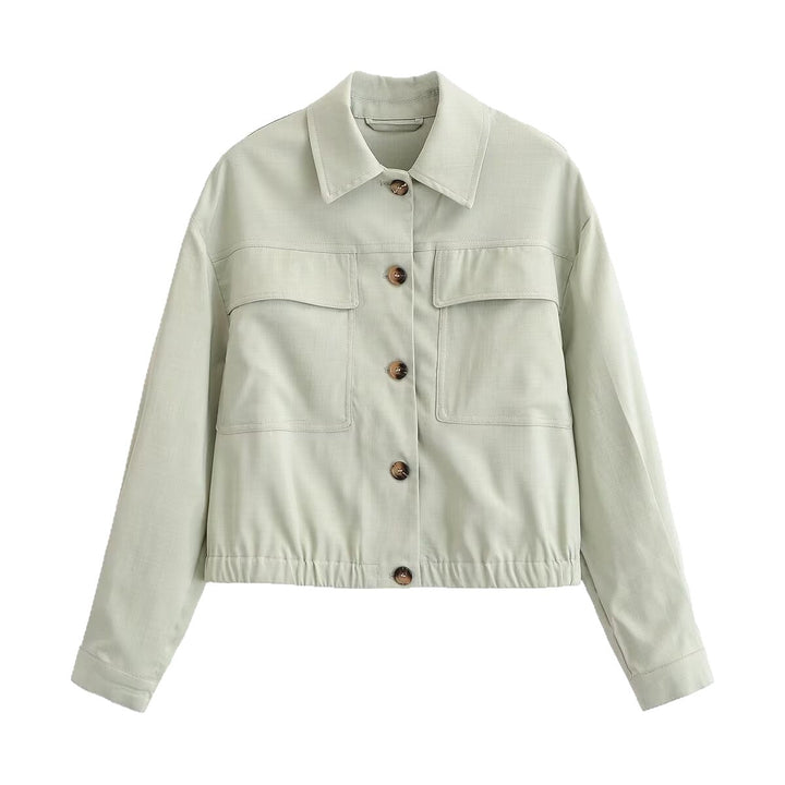 Dam Kort Boxig Worker Jacka med Skjort Krage, Patch Breast Fickor och Elastic Nederkant