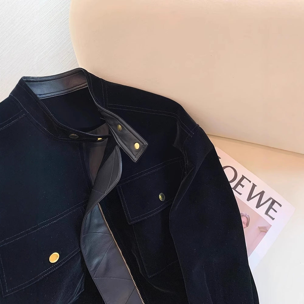 Dam sammet bikerjacka med läder trim, justerbar bälte &amp; gold detaljer