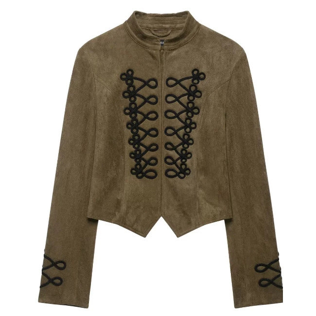 Dam Kort Skärning Suede Jacka i Military Look med Stå Krage och Dekorativ Cord Frog Appliqué