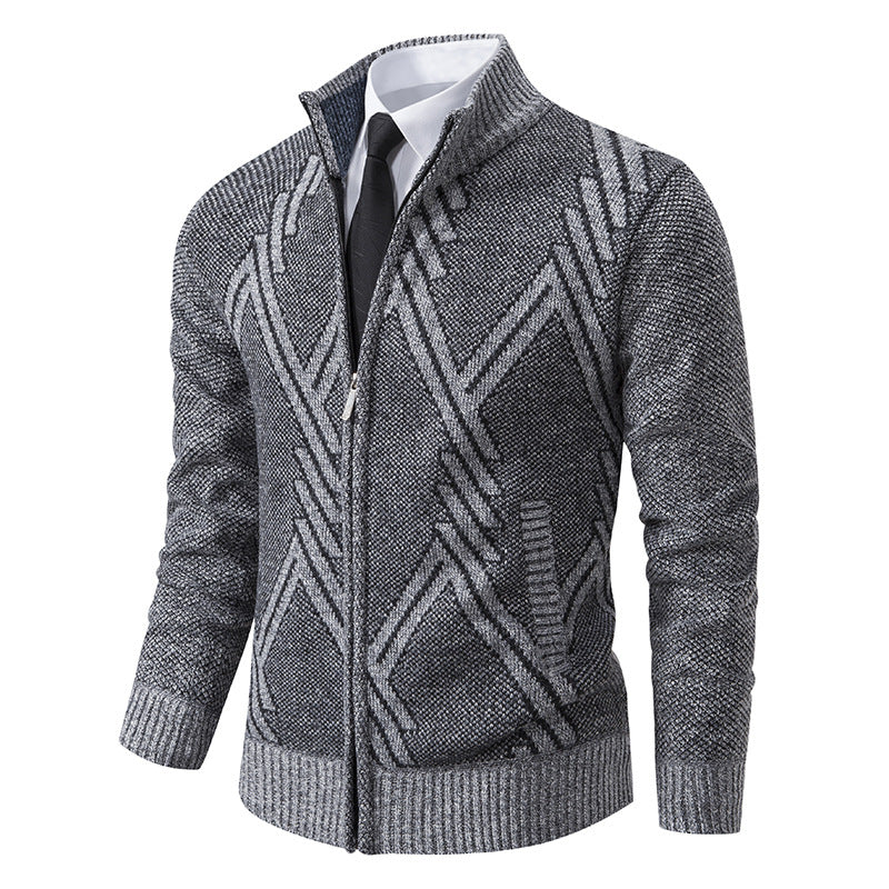 Herr Chunky Stickad Dragkedja Cardigan med Ståkrage och Geometrisk Structure Mönster