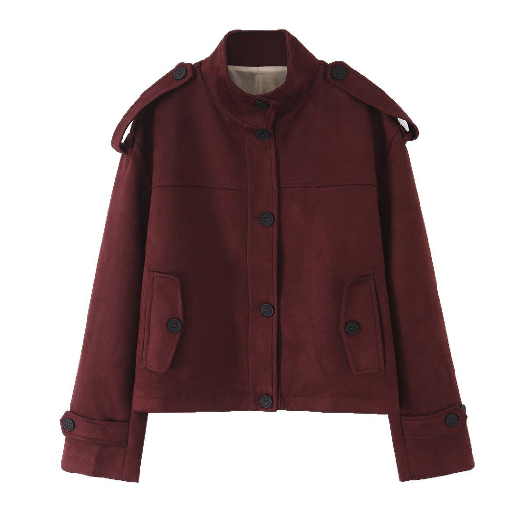 Dam Kort Jacka i Suede Look med Stå Krage, Shoulder Flaps och Patch Fickor