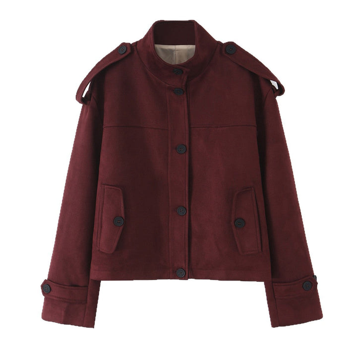 Dam Kort Jacka i Suede Look med Stå Krage, Shoulder Flaps och Patch Fickor