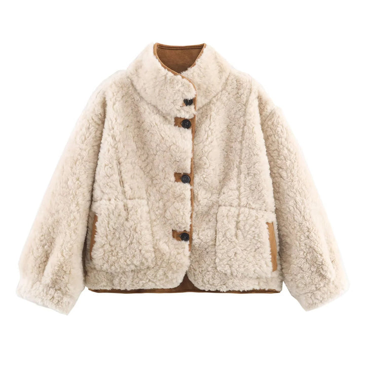 Dam kort oversized lambskin look jacka med sjalkrage och stor påsydda fickor