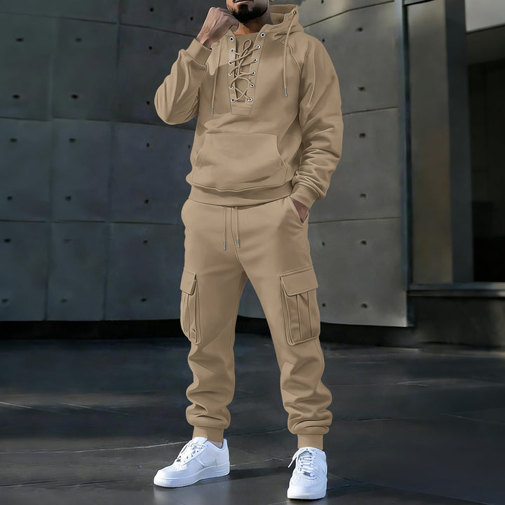 Herr Luvtröja med Distinctive Fram Lacing, Känguruficka, och Elastiska Muddar