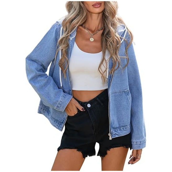Dam denimjacka med huva, dragkedja och oversize skärning