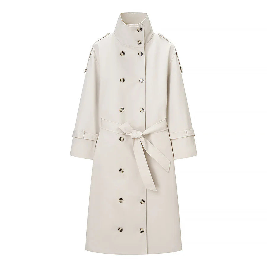 Dam lång double-breasted trenchcoat med high stand krage och tie bälte