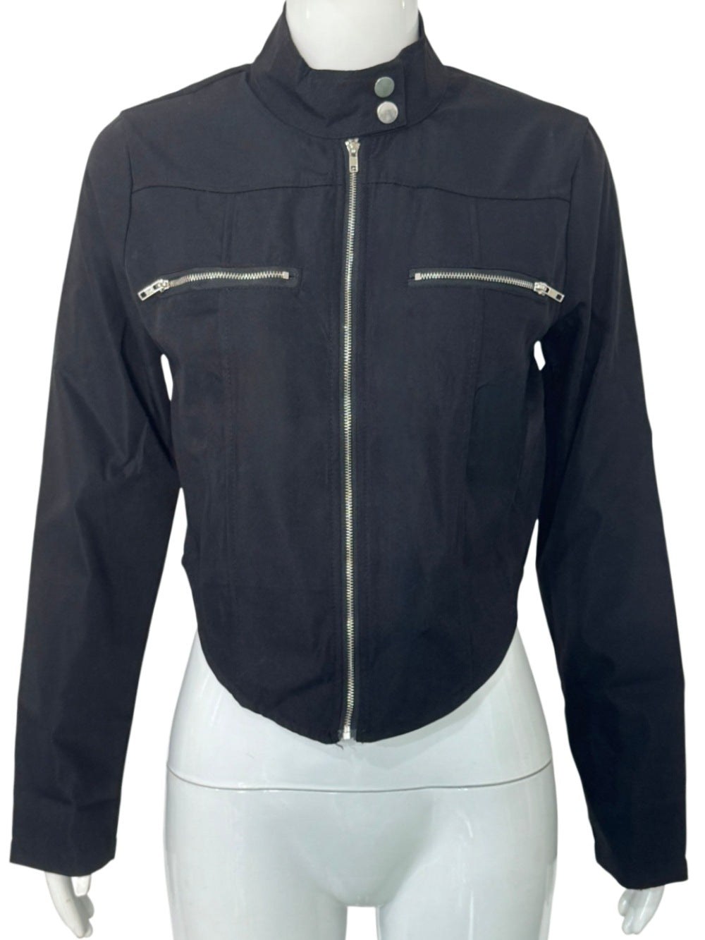 Dam figursydd Bonded Canvas bikerjacka med ståkrage och Chest Zippers