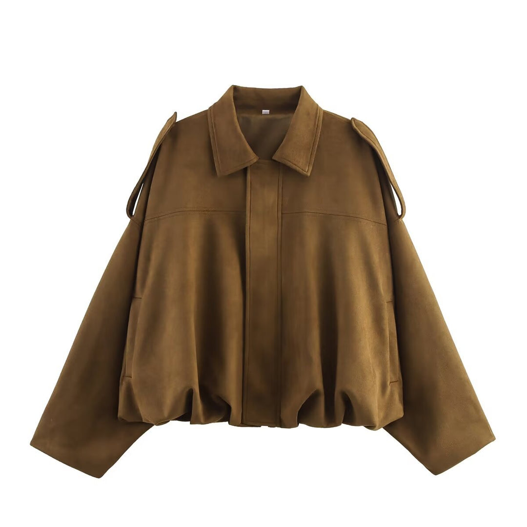 Dam oversize kort jacka in mocka look med skärning-Out Shoulders och fåll med dragsko