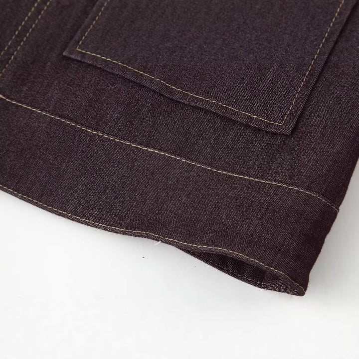 Dam Kort Boxig Jeans Jacka med Full Dragkedja och Lock Patch Fickor