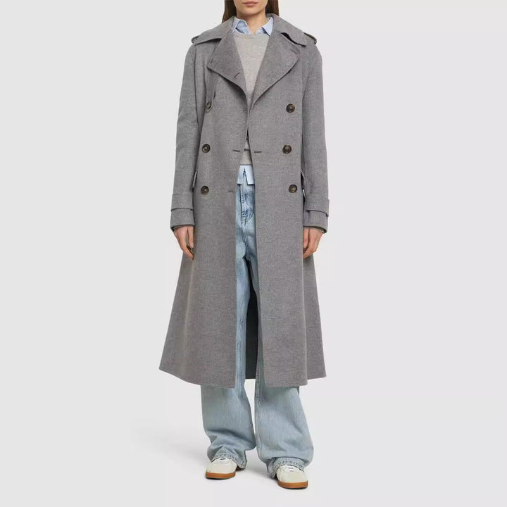 Dam Mid-length skräddad Double-breasted trenchcoat gjord ullblandning med Flared fåll