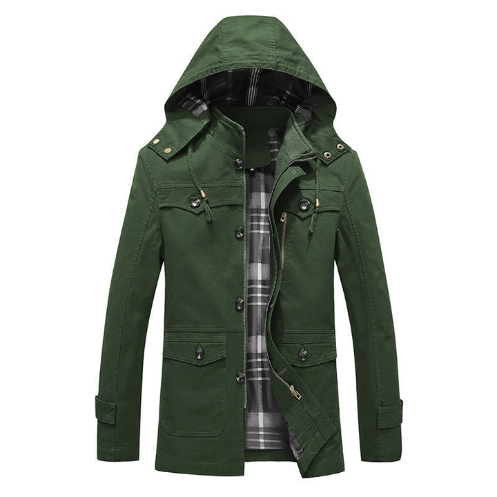 Herr Canvas Fält Parka med Rutig Foder, Huva, och Multifunctional Fickor