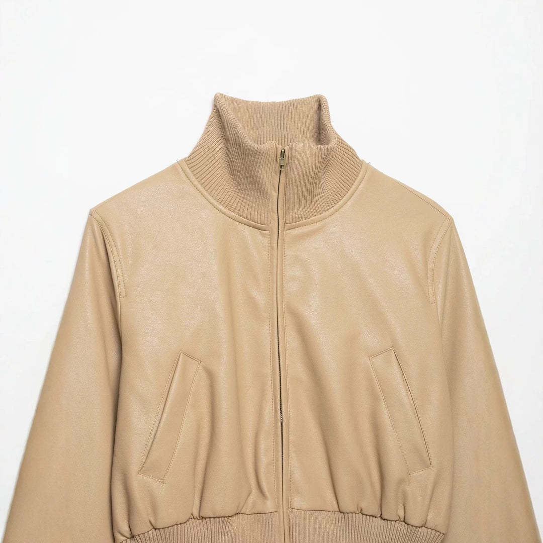 Dam Kort Skärning Läder Blouson med Hög Ribbed Krage