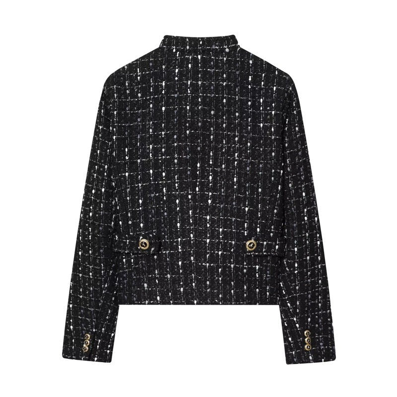 Dam Kort Bouclé Tweed Jacka med Ståkrage, Decorative Knappar och Utanpåfickor