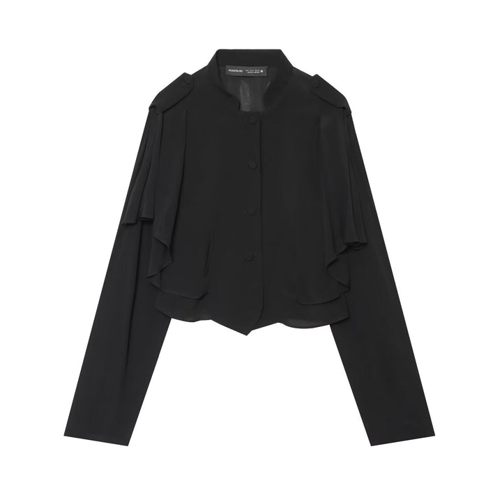 Dam Kort Jacka med Layered Ruffles, Stå Krage och Dold Knapp Knäppning