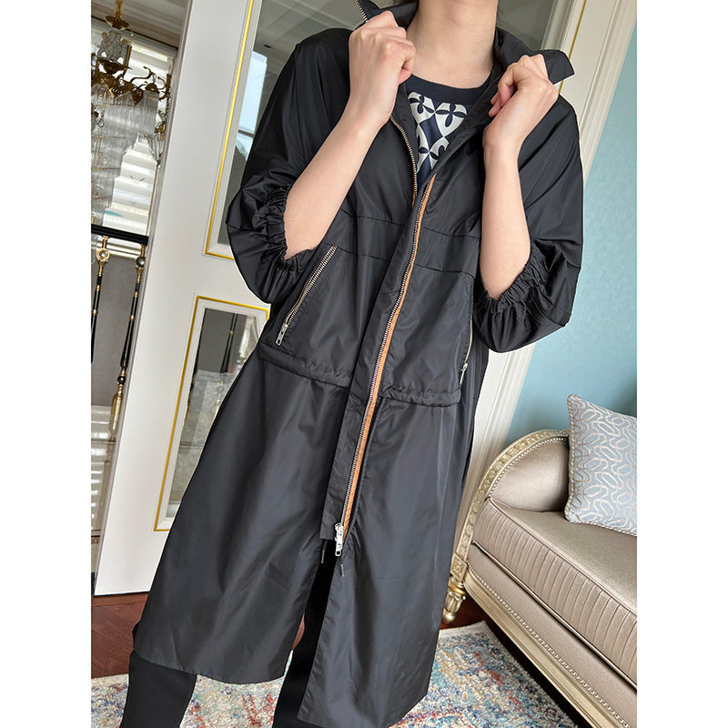 Dam lätt oversize Raincoat med huva, två-Way dragkedja och dold dragkedja fickor