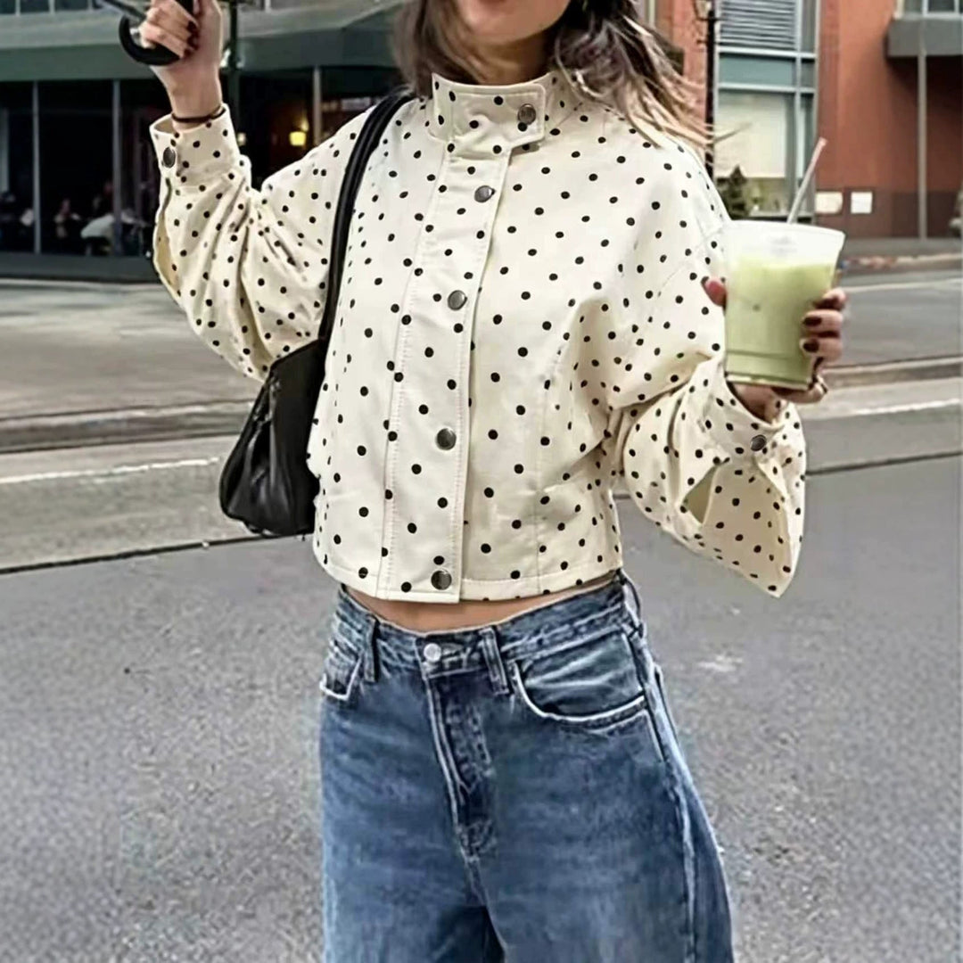 Dam Polka Dot Cropped jacka med Stand krage, Balloon ärmar, och Snap knappar