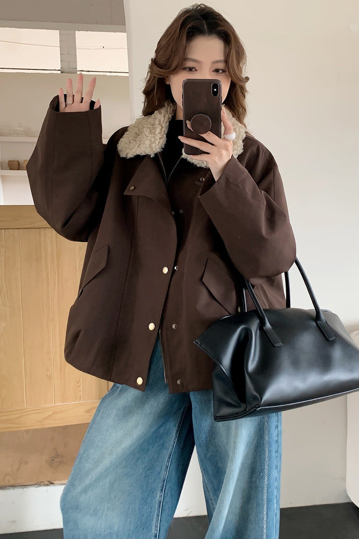 Dam oversize Utility jacka med hög teddy krage och Snap knappslå