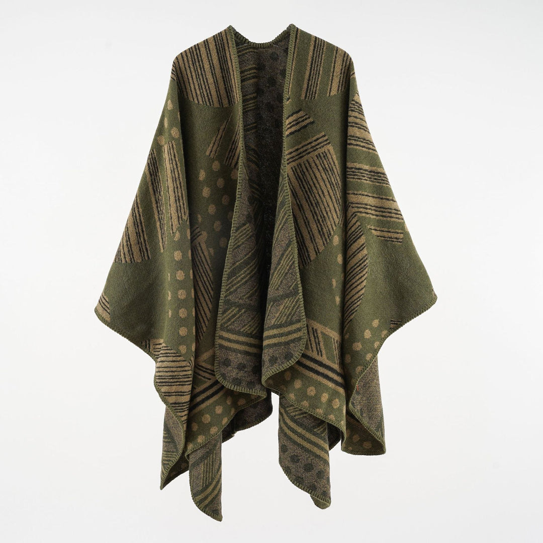 Dam Jacquard Ruana med graphic mönster och overlock edge