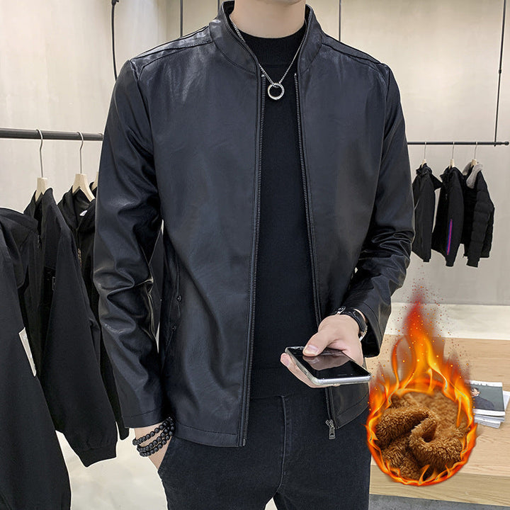 Herr Slim-Fit Konstläder Flight Jacka med Minimalistisk Ståkrage och Dold Zip Knapplist