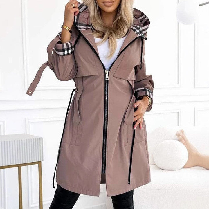 Dam figursydd regn parka med huva rutig lined inner krage och drawstring