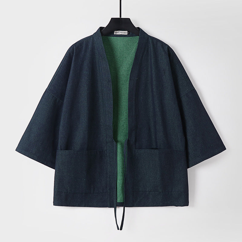 Unisex lätt denim Kimono jacka med kontrast foder och knytband