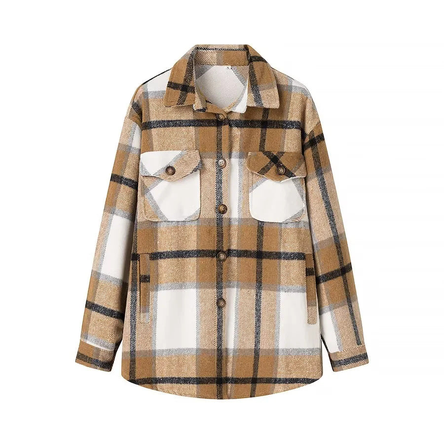 Dam rutig overshirt i shacket stil med patch bröstfickor