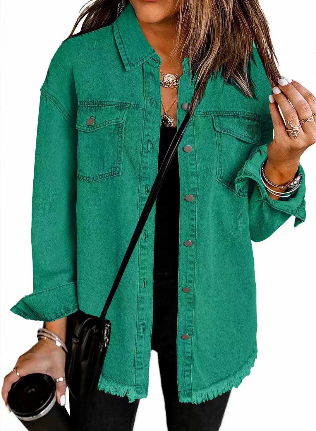 Dam oversize denim skjortjacka med Fringes och bröstfickor