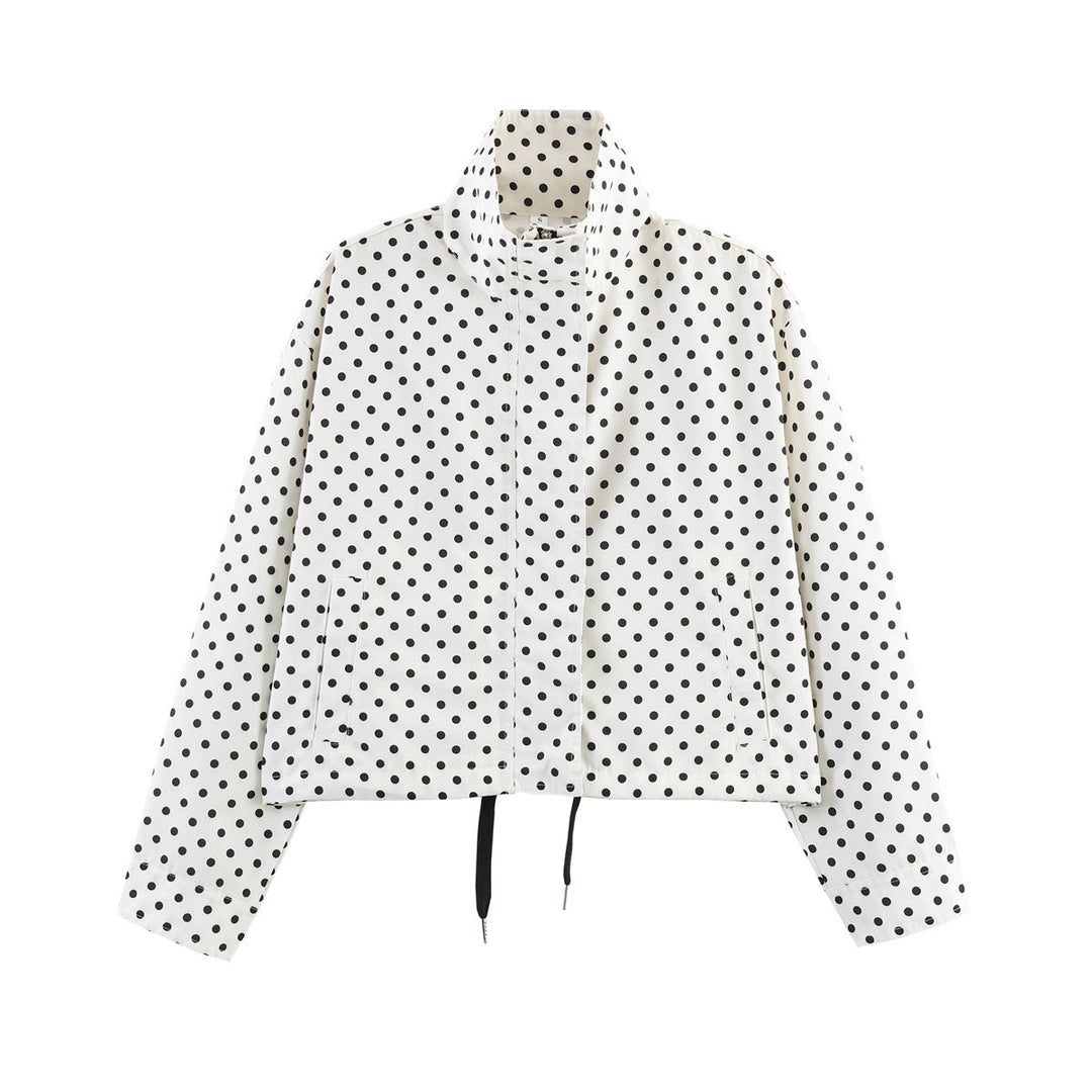 Dam Kort Prickig Prick Övergångsjacka med Stå Krage och Drawstring Nederkant