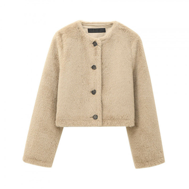 Dam kort teddy jacka med Straight fåll, Round Neck och Horn knapp stängning