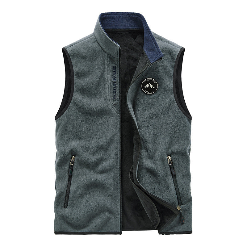 Herr Fleece Väst i Utomhus Utility Stil med Stående Krage och Zip Fickor