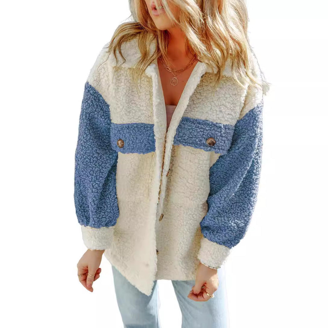 Dam oversized Teddy shirt jacka med kontrast stripes, applied bröstfickor och visible knäppning