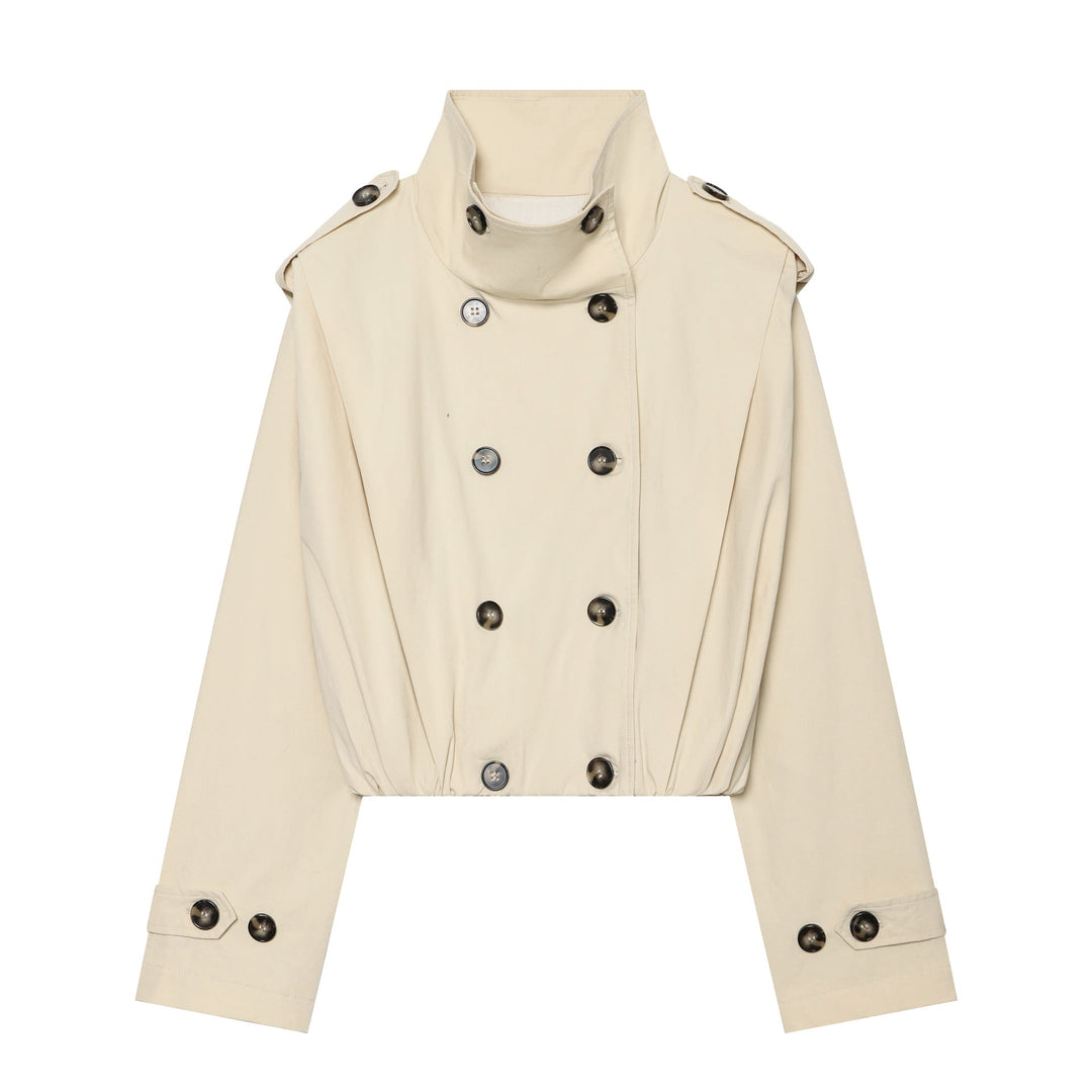 Dam Kort Skärning Double-Breasted Trench med Hög Stå Krage och Elastic Waistband
