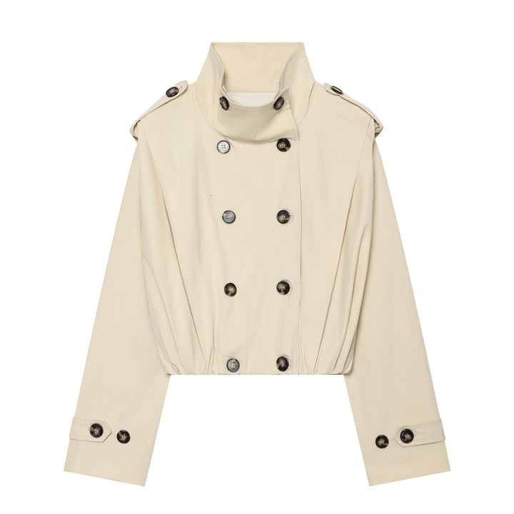 Dam Kort Skärning Double-Breasted Trench med Hög Stå Krage och Elastic Waistband
