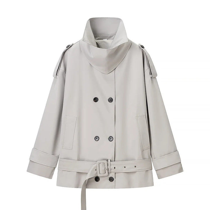 Dam kort skärning double-breasted trenchcoat med midjebälte och high ståkrage