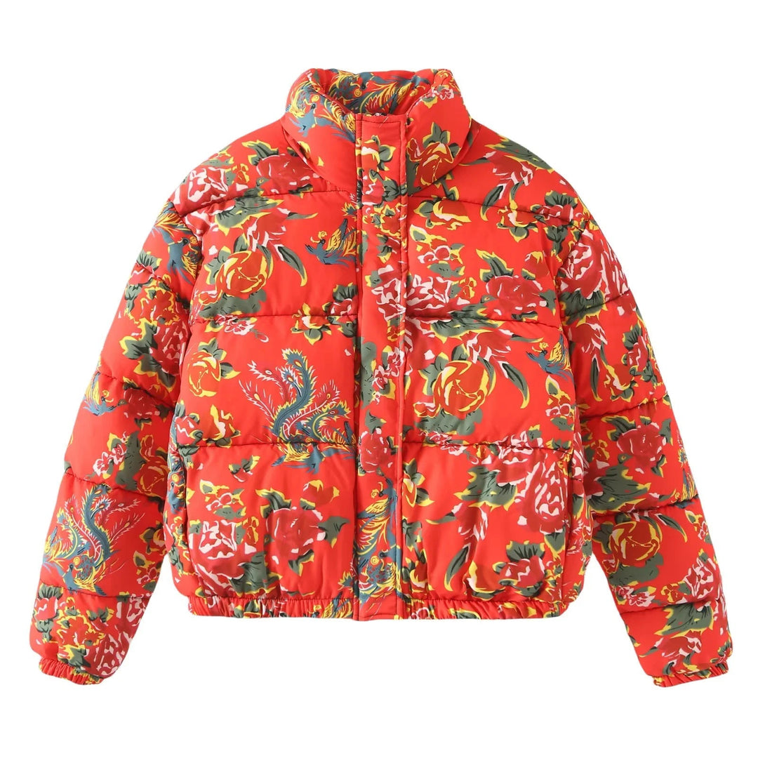 Dam quiltad down look quiltad jacka med floral alla-över tryck, ståkrage, och elastisk fåll