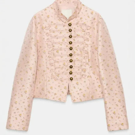 Dam Kort Military Blouson med Mandarin Krage, Dekorativ Cords och Blommig Vävd Texture