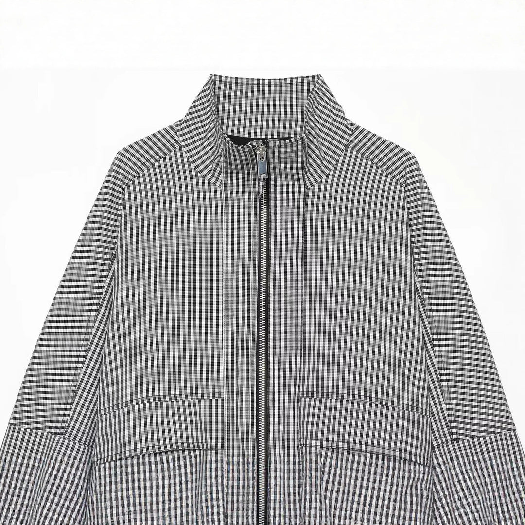 Dam Checked Kort Blouson med Stå Krage, Dragkedja och Elastic Nederkant