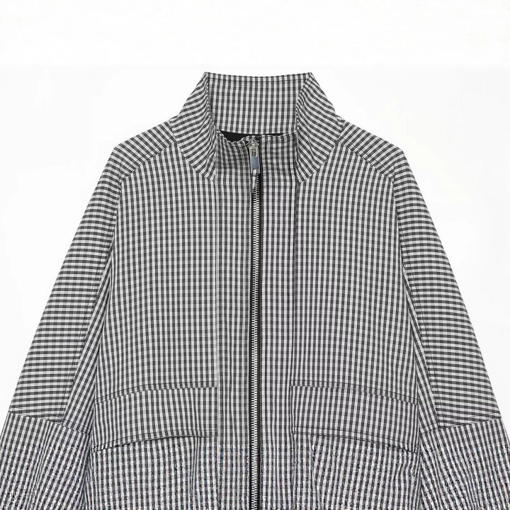 Dam Checked Kort Blouson med Stå Krage, Dragkedja och Elastic Nederkant