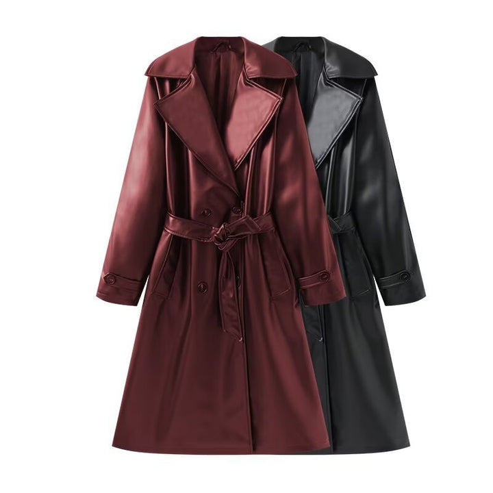 Dam Lång Shiny Trenchcoat Övergångsjacka i Läder Look med Midjebälte