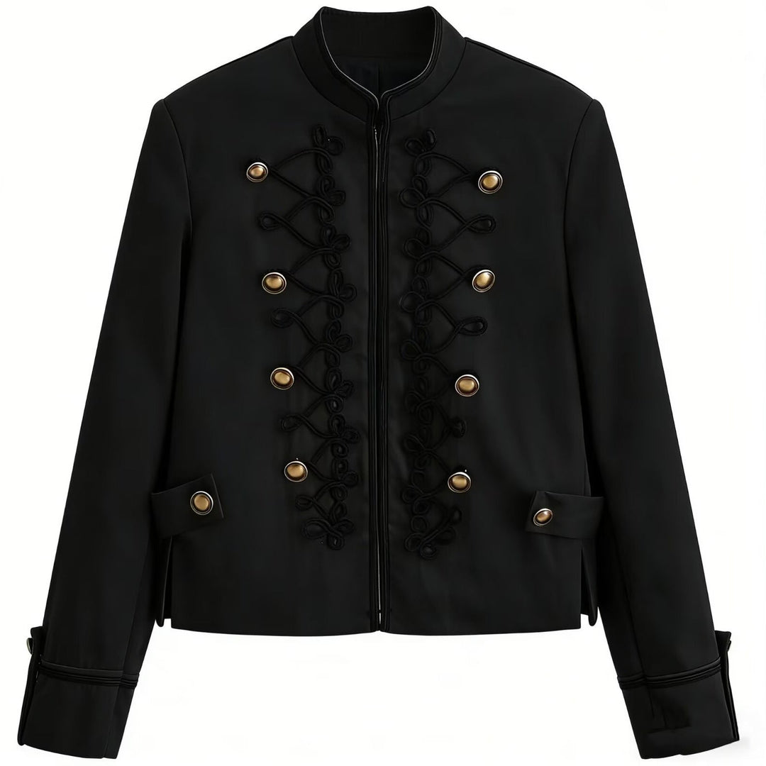 Dam Kort Militär-Stil Jacka med Decorative Cords och Ståkrage